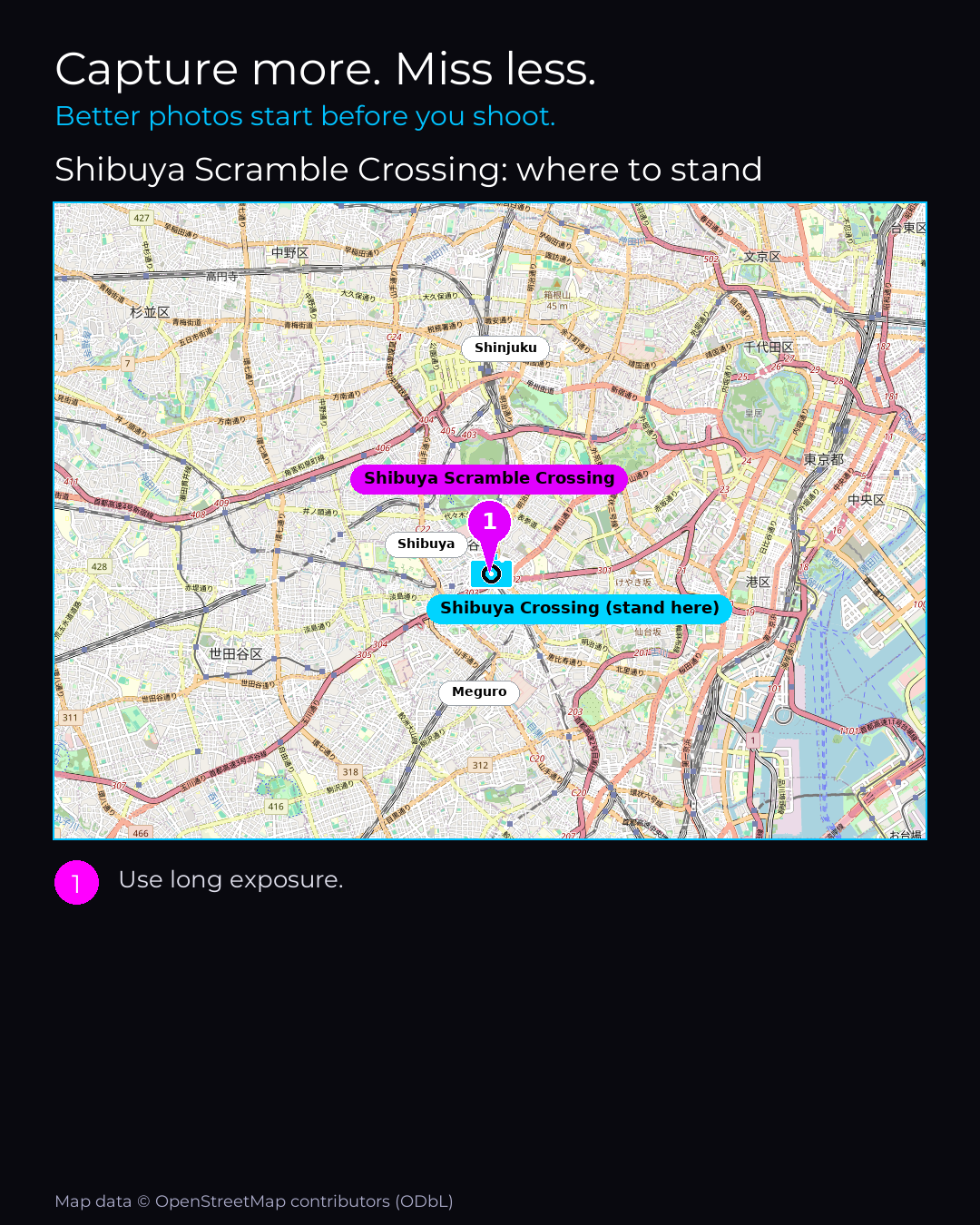 Shot map of Shibuya Scramble Crossing
